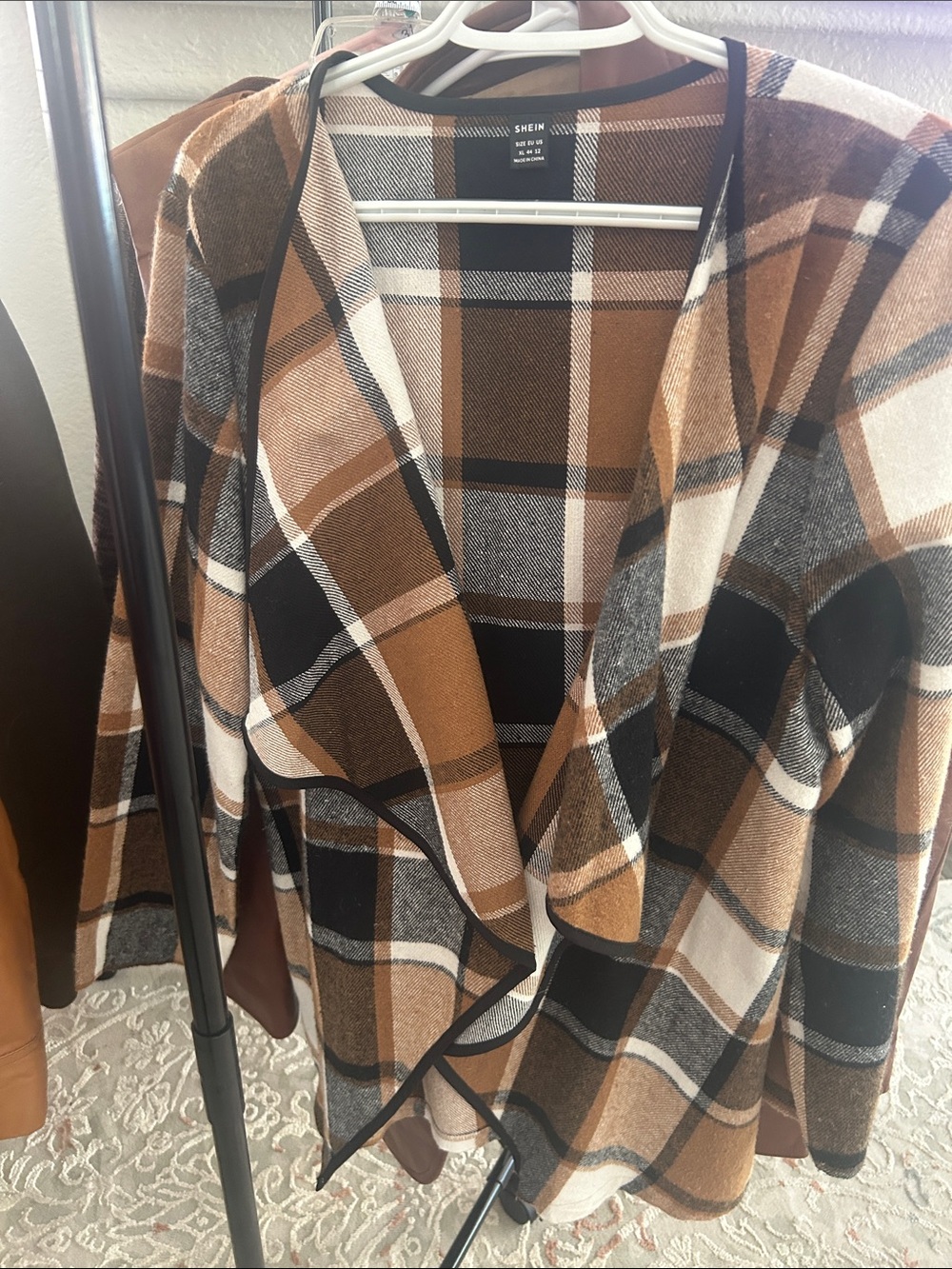 SHEIN Tan Brown Black Plaid Draped Cardigan